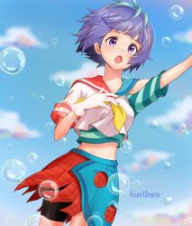 Rule 34 | 1girl, :o, arm up, artist name, bike shorts, blue hair, blue skirt, blue sky, bubble, bubble (anime), cure10mama, day, gloves, highres, midriff, multicolored hair, outdoors, purple eyes, purple hair, red skirt, single glove, skirt, sky, solo, standing, two-tone hair, uta (bubble), white gloves