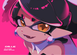Rule 34 | + +, 1girl, bare shoulders, black hair, black jumpsuit, brown eyes, callie (splatoon), character name, collar, commentary, copyright name, detached collar, earrings, english text, fangs, food, food on head, highres, inkling, jewelry, jumpsuit, long hair, looking at viewer, mole, mole under eye, nintendo, object on head, open mouth, pink background, pointy ears, portrait, seto (asils), simple background, smile, solo, splatoon (series), splatoon 1, sushi, swept bangs, tentacle hair, white collar, wing collar