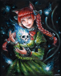 Rule 34 | 1girl, animal ears, black background, blunt bangs, bow, braid, cat ears, cat tail, dress, extra ears, fingernails, flaming skull, green dress, hair bow, head tilt, hitodama, johnalay, juliet sleeves, kaenbyou rin, long sleeves, looking at viewer, multiple tails, nail polish, oil painting (medium), painting (medium), parted lips, puffy sleeves, red eyes, red hair, red lips, red nails, red ribbon, ribbon, sharp fingernails, short hair, sidelocks, signature, solo, tail, touhou, traditional media, twin braids