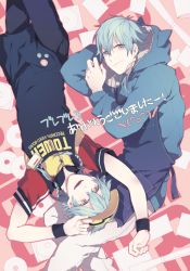 Rule 34 | 10s, 2boys, alternate costume, alternate hairstyle, animal hood, apron, arms up, bad id, bad pixiv id, badge, blue hair, braid, button badge, cat hood, cd, cd case, clothes writing, dramatical murder, employee uniform, english text, hair between eyes, hood, hoodie, long hair, looking at viewer, lying, male focus, mogi (green tea planet), monoxi, multiple boys, multiple braids, name tag, on back, on side, seragaki aoba, smile, tower records, translation request, uniform, upside-down, visor cap, wristband, yellow eyes, zipper
