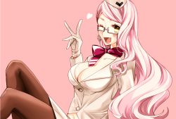 Rule 34 | 1girl, adachi imaru, blush, breasts, choker, cleavage, commentary request, earrings, eyewear strap, fang, fang out, fate/grand order, fate (series), formal, glasses, gloves, hat, heart, jewelry, koyanskaya (fate), koyanskaya (foreigner) (first ascension) (fate), long hair, looking at viewer, midriff peek, one eye closed, pantyhose, pink background, pink hair, ribbon, ribbon choker, smile, solo, suit, tamamo (fate), v, very long hair, white gloves, yellow eyes