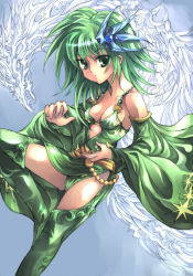Rule 34 | 1990s (style), 1girl, boots, breasts, cleavage, detached sleeves, final fantasy, final fantasy iv, green eyes, green footwear, green hair, hair ornament, kouno hikaru, matching hair/eyes, rydia (ff4), small breasts, solo, thigh boots, thighhighs