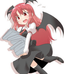Rule 34 | 1girl, black thighhighs, book, book stack, carrying, demon girl, demon wings, dropping, flying sweatdrops, head wings, juliet sleeves, koakuma, long sleeves, natsu no koucha, open mouth, puffy sleeves, red eyes, red hair, shirt, simple background, skirt, skirt set, solo, thighhighs, touhou, vest, wings, zettai ryouiki