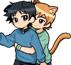 2boys :3 animal_ears black_collar black_hair blue_sweater brown_eyes cat_boy cat_ears cat_tail collar dog_boy dog_ears green_shirt highres hug hug_from_behind light_blush long_sleeves male_focus multiple_boys orange_hair re_adamator scott_pilgrim scott_pilgrim_(series) scott_pilgrim_takes_off shirt short_hair short_sleeves simple_background sweater tail upper_body wallace_wells white_background wristband yaoi