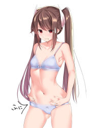 Rule 34 | 1girl, armpits, azur lane, blue panties, bow, bow bra, bow panties, bra, breasts, brown hair, clenched teeth, collarbone, commentary request, cowboy shot, fingernails, groin, hair ornament, hands on stomach, haruna (azur lane), highres, lace, lace-trimmed bra, lace-trimmed panties, lace trim, long fingernails, long hair, navel, panties, red eyes, schreibe shura, sidelocks, signature, simple background, small breasts, solo, standing, stomach, teeth, twintails, underwear, underwear only, very long hair, white background