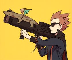 Rule 34 | 1boy, black-framed eyewear, black cape, cape, commentary, creatures (company), from side, game freak, holding, holding weapon, jacket, lance (pokemon), lizard, long sleeves, male focus, nintendo, parted lips, pokemon, pokemon hgss, red hair, short hair, simple background, spiked hair, ssalbulre, sunglasses, upper body, weapon, yellow background