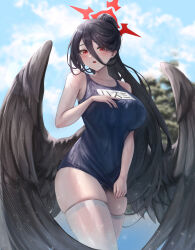 Rule 34 | 1girl, absurdres, black hair, black one-piece swimsuit, black wings, blue archive, blush, bolcham, breasts, cowboy shot, day, feathered wings, halo, hasumi (blue archive), highres, large breasts, long hair, mole, mole under eye, name tag, one-piece swimsuit, open mouth, outdoors, ponytail, red eyes, red halo, school swimsuit, solo, swimsuit, thighhighs, white thighhighs, wings