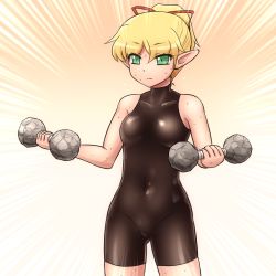Rule 34 | 1girl, alternate costume, alternate hairstyle, bare arms, bare shoulders, blonde hair, bodysuit, breasts, covered navel, cowboy shot, dumbbell, emphasis lines, exercising, expressionless, focused, green eyes, hair ribbon, mizuhashi parsee, pointy ears, ponytail, ribbon, shiny clothes, shirosato, short ponytail, small breasts, solo, sweat, thighs, toned, touhou, training, weights