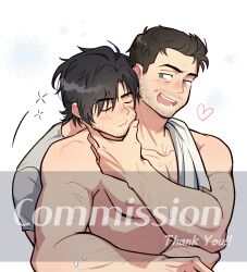 Rule 34 | 2boys, bad id, bad twitter id, bara, beard stubble, blush, character request, commission, couple, facial hair, feeling facial hair, final fantasy, head on another&#039;s shoulder, heart, highres, hug, hug from behind, male focus, multiple boys, muscular, muscular male, mustache stubble, pectorals, short hair, sideburns stubble, smile, sparse arm hair, sparse chest hair, squeans, stubble, thick eyebrows, upper body, waking up, wasted m9, watermark, wrinkled skin, yaoi