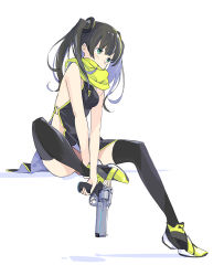 Rule 34 | 1girl, bare arms, bare shoulders, black dress, black hair, black thighhighs, blonde hair, blush, breasts, commentary request, covered mouth, dress, full body, green eyes, green footwear, green scarf, gun, hair ornament, handgun, highres, holding, holding gun, holding weapon, long hair, looking away, multicolored hair, original, pelvic curtain, popman3580, revolver, scarf, shoes, sitting, sleeveless, sleeveless dress, small breasts, solo, streaked hair, thighhighs, twintails, weapon