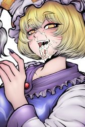 Rule 34 | 1girl, animal hat, cum, cum in mouth, cum on tongue, hat, highres, looking at viewer, miazuma sarin, mob cap, open mouth, simple background, solo, tabard, tongue, tongue out, touhou, upper body, uvula, white background, white hat, yakumo ran
