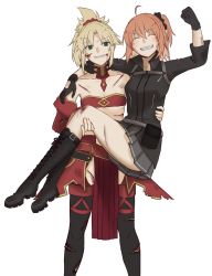 Rule 34 | 2girls, ^ ^, ahoge, arm around shoulder, arm up, black gloves, black scrunchie, blonde hair, blood, blood from mouth, blood on face, boots, braid, breasts, carrying, chaldea combat uniform, chaldea logo, clenched hand, closed eyes, cross-laced footwear, fate/grand order, fate (series), french braid, fujimaru ritsuka (female), fujimaru ritsuka (female) (polar chaldea uniform), gloves, green eyes, grey skirt, highres, injury, knee boots, lace-up boots, looking at viewer, meri (aksleepsheep), mordred (fate), mordred (fate/apocrypha), multiple girls, no panties, orange hair, pelvic curtain, pleated skirt, ponytail, pouch, princess carry, red scarf, scarf, scraped knee, scrunchie, side ponytail, skirt, small breasts, smile, thighhighs, thighs, torn clothes, torn legwear, white background