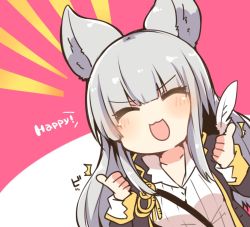 Rule 34 | 10s, 1girl, alternate costume, animal ears, blunt bangs, breasts, chibi, cleavage, coat, double thumbs up, english text, feathers, granblue fantasy, kaenuco, korwa, silver hair, solo, thumbs up