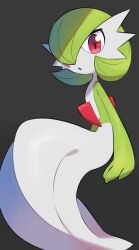 Rule 34 | black background, bob cut, colored skin, creatures (company), dress, game freak, gardevoir, gen 3 pokemon, green hair, hair over one eye, highres, looking at viewer, multicolored skin, nintendo, nullma, open mouth, pink eyes, pokemon, pokemon (creature), simple background, two-tone skin, white dress, white skin