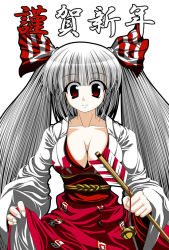 Rule 34 | 1girl, bow, breasts, cleavage, female focus, fujiwara no mokou, hair bow, japanese clothes, large breasts, long hair, miko, new year, red eyes, silver hair, solo, tatamiya, touhou, twintails, very long hair