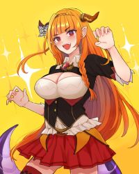Rule 34 | 1girl, blouse, blunt bangs, bow, braid, breasts, chain, chain necklace, claw pose, cleavage cutout, clothing cutout, collared shirt, diagonal-striped bow, dragon horns, dragon tail, fang, highres, hololive, horns, jewelry, kiryu coco, kiryu coco (1st costume), large breasts, long hair, nagimugi, necklace, open mouth, orange hair, pointy ears, purple eyes, shirt, side braid, simple background, single braid, solo, tail, thighhighs, very long hair, virtual youtuber, white shirt, yellow background