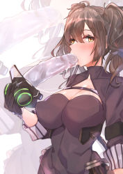 Rule 34 | 1girl, absurdres, black dress, black gloves, blush, breasts, brown hair, cleavage, commentary, dildo, dildo gag, dildo under mask, dress, gag, gas mask, girls&#039; frontline, gloves, highres, holding, holding mask, large breasts, long hair, looking at viewer, mask, mouth hold, muteppona hito, orange eyes, sangvis ferri, scarecrow (girls&#039; frontline), sex toy, solo, standing, twintails, upper body