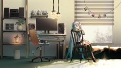 Rule 34 | 1girl, black footwear, black skirt, black sleeves, window blinds, blue hair, blush, boots, chair, closed eyes, closed mouth, computer, computer tower, desk, detached sleeves, figure, hair between eyes, hatsune miku, headphones, indoors, keyboard (computer), long hair, long sleeves, monitor, mouse (computer), office chair, photo (object), pleated skirt, saihate (d3), shirt, skirt, smile, solo, speaker, swivel chair, thigh boots, twintails, very long hair, vocaloid, white shirt, wide sleeves, window