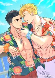 Rule 34 | 2boys, abs, ao isami, bara, black hair, blonde hair, couple, cowboy shot, eye contact, facial hair, grabbing another&#039;s chin, hand on another&#039;s chin, hawaiian shirt, highres, large pectorals, lewis smith, looking at another, male focus, multiple boys, naalseaka, official alternate costume, pectoral cleavage, pectorals, profile, shirt, sideburns stubble, smile, stubble, thick eyebrows, yaoi, yuuki bakuhatsu bang bravern
