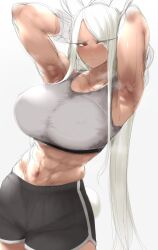 Rule 34 | 1girl, abs, absurdres, aizawa marimo, animal ears, armpits, arms behind head, arms up, black shorts, boku no hero academia, breasts, collarbone, covered erect nipples, dark-skinned female, dark skin, eyes visible through hair, grey sports bra, hair over one eye, highres, large breasts, long eyelashes, long hair, looking at viewer, midriff, mirko, muscular, muscular female, navel, parted bangs, rabbit ears, rabbit girl, rabbit tail, red eyes, shirt, shorts, sketch, solo, sports bra, steaming body, stomach, sweat, tail, taut clothes, taut shirt, very long hair, white background, white hair
