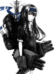 Rule 34 | 1girl, blue headband, collared shirt, greyscale, hair between eyes, hatsushimo (kancolle), hatsushimo kai ni (kancolle), headband, jacket, kantai collection, kurou (bcrow), long hair, looking at viewer, monochrome, red eyes, rigging, shirt, simple background, solo, spot color, very long hair
