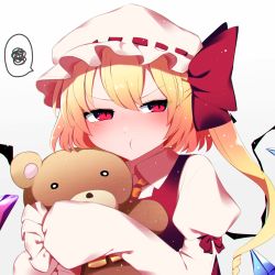 Rule 34 | 1girl, absurdres, animal ears, annoyed, bear ears, blonde hair, blush, bow, closed mouth, collared dress, commentary request, crystal, dark skin, dress, eyes visible through hair, flandre scarlet, frills, grey background, hair between eyes, hair bow, hands up, hat, highres, hug, jewelry, juliet sleeves, long sleeves, looking to the side, mob cap, multicolored wings, necktie, one side up, orange necktie, puffy long sleeves, puffy sleeves, red bow, red dress, red eyes, shirt, short hair, simple background, solo, speech bubble, stuffed animal, stuffed toy, teddy bear, touhou, toy, upper body, v-shaped eyebrows, white hat, white shirt, wings, you (noanoamoemoe)