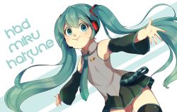 Rule 34 | 1girl, aqua eyes, aqua hair, aqua necktie, bare shoulders, bi shakalaka, black skirt, black thighhighs, character name, closed mouth, collared shirt, commentary, detached sleeves, english commentary, grey shirt, hair between eyes, hair ornament, happy birthday, hatsune miku, headset, highres, long hair, miniskirt, necktie, outstretched arms, pleated skirt, shirt, skirt, sleeveless, smile, solo, spread arms, thighhighs, twintails, very long hair, vocaloid, wing collar, zettai ryouiki