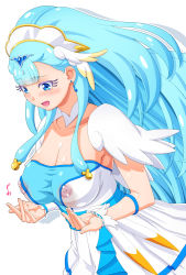 Rule 34 | 10s, 1girl, blue eyes, blue hair, breasts, capelet, circlet, cleavage, cure ange, dress, earrings, forehead jewel, head chain, head wings, headdress, hugtto! precure, jewelry, kohsaka jun, lactation, lactation through clothes, large breasts, long hair, magical girl, nipples, open mouth, precure, see-through, simple background, solo, very long hair, wet, wet clothes, white dress, wings, wrist cuffs, yakushiji saaya