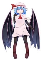 Rule 34 | 1girl, ascot, bat wings, blue hair, boots, bow, haruto (hirokazu1001), hat, hat bow, highres, large wings, pantyhose, red eyes, remilia scarlet, solo, touhou, wings
