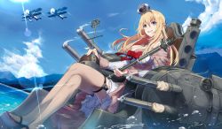 Rule 34 | 10s, 1girl, :d, absurdres, aircraft, airplane, biplane, blonde hair, blue eyes, blue sky, braid, breasts, brown thighhighs, cannon, cleavage, cloud, cloudy sky, crossed legs, crown, day, dress, from below, garter straps, glint, gun, hair between eyes, hair over breasts, highres, jewelry, kantai collection, large breasts, lens flare, long hair, mini crown, necklace, open mouth, outdoors, rod, side braid, sitting, sky, smile, smoke, smoking gun, solo, sunlight, thighhighs, throne, touzai (poppin phl95), turret, warspite (kancolle), weapon