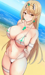 Rule 34 | 1girl, arm garter, arms behind back, bare shoulders, beach, bikini, blonde hair, blue sky, blush, breasts, chest jewel, cleavage, collarbone, day, earrings, highres, jewelry, large breasts, long hair, looking at viewer, mythra (xenoblade), navel, nintendo, noeomi, open mouth, shore, sky, solo, swept bangs, swimsuit, thigh strap, thighs, tiara, white bikini, xenoblade chronicles (series), xenoblade chronicles 2, yellow eyes