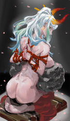 Rule 34 | 1girl, arm behind back, ass, back, barefoot, blue hair, boulder, bound, bound arms, bound wrists, breasts, cinder block, curled horns, earrings, full body, glaring, green hair, horns, ishidaki, jewelry, large breasts, leaning forward, looking at viewer, multicolored hair, multicolored horns, nude, one piece, oni, orange eyes, orange horns, own hands together, palms together, petals, red horns, red rope, rope, satoimo (jia64097023), seiza, shibari, sideboob, sideways glance, sitting, solo, toes, torture, v-shaped eyebrows, white hair, yamato (one piece)