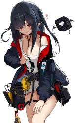 Rule 34 | 1girl, :3, absurdres, arknights, belt, belt pouch, between breasts, black hair, black jacket, breasts, cleavage, closed mouth, closure (arknights), clothes pull, commentary request, creature, ear piercing, feet out of frame, hand on own thigh, heart, highres, jacket, long hair, long sleeves, looking at viewer, medium breasts, no bra, no pants, off shoulder, open clothes, open jacket, piercing, pointy ears, pouch, pulling own clothes, red eyes, shirt, shirt pull, simple background, single bare shoulder, smug, solo focus, standing, thigh strap, two side up, v-shaped eyebrows, white background, white shirt