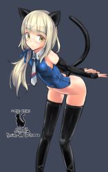 Rule 34 | 1girl, animal ears, aohashi ame, arms behind back, ass, bent over, black background, black thighhighs, blonde hair, blue ribbon, blunt bangs, bottomless, breasts, cat, cat ears, cat tail, character name, closed eyes, closed mouth, copyright name, detached sleeves, glasses, grey necktie, hair ribbon, highres, image sample, leaning forward, legs apart, long hair, long sleeves, looking at viewer, low-tied long hair, lower body, md5 mismatch, medium breasts, necktie, outline, perrine h. clostermann, resolution mismatch, ribbon, rimless eyewear, sideboob, simple background, small breasts, smile, solo, source larger, standing, strike witches, tail, thighhighs, world witches series, yellow eyes
