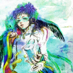 Rule 34 | 1other, androgynous, blue eyes, cotori (globule), facepaint, facial mark, feathers, forehead mark, gnosia, green eyes, green hair, headphones, long hair, long sleeves, looking at viewer, makeup, multicolored hair, other focus, raqio, short hair, solo, tattoo, upper body