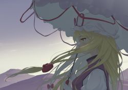 Rule 34 | 1girl, anime coloring, arms up, blonde hair, dress, from side, gradient sky, hair blowing, hair over mouth, hair ribbon, hat, hat ribbon, highres, holding, holding umbrella, kanpa (campagne 9), long hair, looking to the side, mob cap, mountain, outdoors, profile, ribbon, sky, solo, tabard, touhou, tress ribbon, twilight, umbrella, upper body, very long hair, white dress, white hat, wind, yakumo yukari, yellow eyes