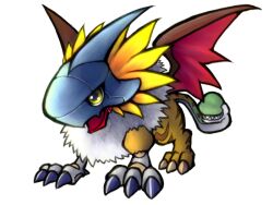 Rule 34 | artist request, chibi, claws, digimon, digimon (creature), griffomon, griffon, grin, helmet, looking to the side, multiple heads, open mouth, sharp teeth, smile, snake tail, solo, standing, tail, teeth, white background, wings, yellow eyes