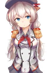 Rule 34 | 10s, 1girl, absurdres, bad id, bad pixiv id, beret, blue eyes, breasts, buttons, closed mouth, commentary, epaulettes, hat, highres, kantai collection, kashima (kancolle), long hair, looking at viewer, medium breasts, military, military uniform, necktie, ranf, silver hair, simple background, solo, twintails, uniform, white background