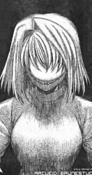 Rule 34 | 1girl, arcueid brunestud, artist request, blonde hair, breasts, character name, covered eyes, dark persona, greyscale, grin, hair intakes, hair over eyes, large breasts, melty blood, monochrome, sasaki shounen, shaded face, sharp teeth, short hair, smile, solo, source request, sweater, teeth, third-party source, tsukihime, turtleneck, type-moon, upper body, red arcueid