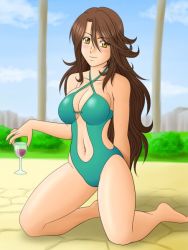 Rule 34 | 00s, 1girl, alcohol, arms behind back, bare shoulders, barefoot, blush, breasts, brown hair, casual one-piece swimsuit, center opening, cloud, cup, day, drinking glass, facing viewer, full body, green one-piece swimsuit, gundam, gundam 00, halterneck, haru (hall), kneeling, light blush, looking at viewer, medium breasts, navel, on floor, one-piece swimsuit, outdoors, sky, solo, sumeragi lee noriega, swimsuit, wine, wine glass