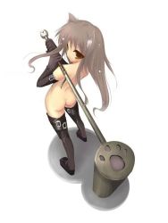 Rule 34 | 1girl, animal ears, ass, black thighhighs, brown hair, cat ears, elbow gloves, female focus, full body, gloves, hammer, long hair, mallet, nude, satomi (black scarecrow), solo, standing, thighhighs, yellow eyes