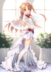 Rule 34 | 1girl, anchor symbol, azur lane, backlighting, blush, breasts, brown hair, bush, capelet, cleveland (azur lane), closed mouth, commentary request, earrings, flower, full body, hair flower, hair ornament, hand on own chest, highres, jewelry, long hair, looking at viewer, medium breasts, outstretched hand, platform footwear, red eyes, ring, shoes, side ponytail, solo, standing, thighhighs, toki (toki ship8), wedding band, white thighhighs
