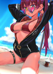 Rule 34 | 1girl, absurdres, arms behind head, arms up, beach, bikini, bikini under clothes, black jacket, blue sky, breasts, cleavage, cloud, earrings, gold earrings, gold necklace, heart, heart-shaped eyewear, heart earrings, heart necklace, heterochromia, highres, hololive, houshou marine, houshou marine (summer), jacket, jewelry, large breasts, long hair, looking at viewer, necklace, o-ring, o-ring thigh strap, official alternate costume, ponytail, red bikini, red eyes, red hair, riyokeyuzu, sand, sky, sunglasses, swimsuit, thigh strap, virtual youtuber, water, yellow eyes