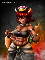 Rule 34 | 1girl, absurdres, alternate hair color, alternate skin color, armlet, bowser logo, bowsette, bracelet, breasts, collar, crown, highres, horns, jewelry, mario (series), muscular, muscular female, new super mario bros. u deluxe, nintendo, red eyes, red hair, rokumaruart, shell, smile, spiked armlet, spiked bracelet, spiked collar, spiked shell, spiked tail, spikes, super crown, super mario bros. 1, tail, teeth, toned