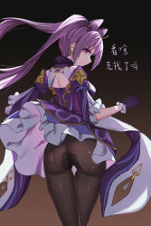 Rule 34 | 1girl, artist request, ass, bare shoulders, blush, bow, double bun, dress, earrings, from behind, frown, genshin impact, gloves, hair bow, highres, jewelry, keqing (genshin impact), long hair, pantyhose, purple hair, red eyes, short dress, skirt, solo, twintails, very long hair, wide sleeves