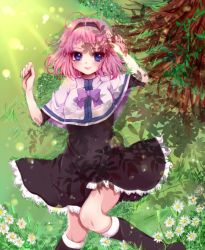 Rule 34 | 10s, 1girl, boots, bow, capelet, flower, from above, gokukoku no brynhildr, grass, hairband, kazumi schlierenzauer, lying, on back, outdoors, pink hair, purple bow, purple eyes, shadow, smile, solo, tree, ume (pixiv624546)
