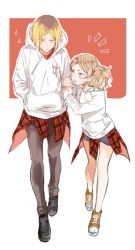 Rule 34 | 1boy, 1girl, :o, alternate costume, bad id, bad pixiv id, bare legs, black pants, blonde hair, brown hair, closed mouth, clothes around waist, collarbone, embarrassed, full body, ha (pixiv 13364437), haikyuu!!, hands in pocket, height difference, holding another&#039;s arm, hood, hood down, hoodie, kozume kenma, long hair, long sleeves, looking at another, multicolored hair, pants, plaid, plaid shirt, shirt, shoes, short hair, short shorts, shorts, sneakers, twintails, two-tone background, two-tone hair, walking, white hoodie, yamamoto akane