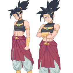 Rule 34 | 1girl, armlet, black eyes, black hair, breasts, broly (dragon ball z), broly (dragon ball z) (cosplay), circlet, commentary, cosplay, crop top, crossed arms, dragon ball, dragon ball super, dragonball z, earrings, english commentary, furrowed brow, genniax, highres, jewelry, kefla (dragon ball), midriff, multiple views, neck ring, ponytail, potara earrings, signature, small breasts, smile, toned, vambraces