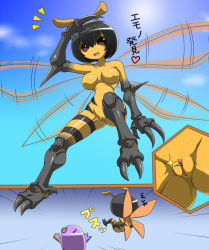 Rule 34 | artist request, bee, bee girl, black hair, breasts, bug, bug, arthropod girl, monster girl, nipples, nude, purple hair, screw, smile, source request, stinger, text focus, translation request, uncensored, wings