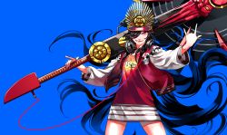 Rule 34 | 1girl, \n/, black hair, blue background, cowboy shot, crown, fate/grand order, fate (series), grin, hair over one eye, hat, headphones, highres, huge weapon, jacket, long hair, long sleeves, looking at viewer, oda nobunaga (fate), oda nobunaga (koha-ace), oda nobunaga (swimsuit berserker) (first ascension) (fate), one eye covered, over shoulder, peaked cap, red eyes, red jacket, red shirt, shirt, simple background, skirt, skull, smile, solo, standing, striped clothes, striped skirt, tenobe, very long hair, weapon, weapon over shoulder, weapon request